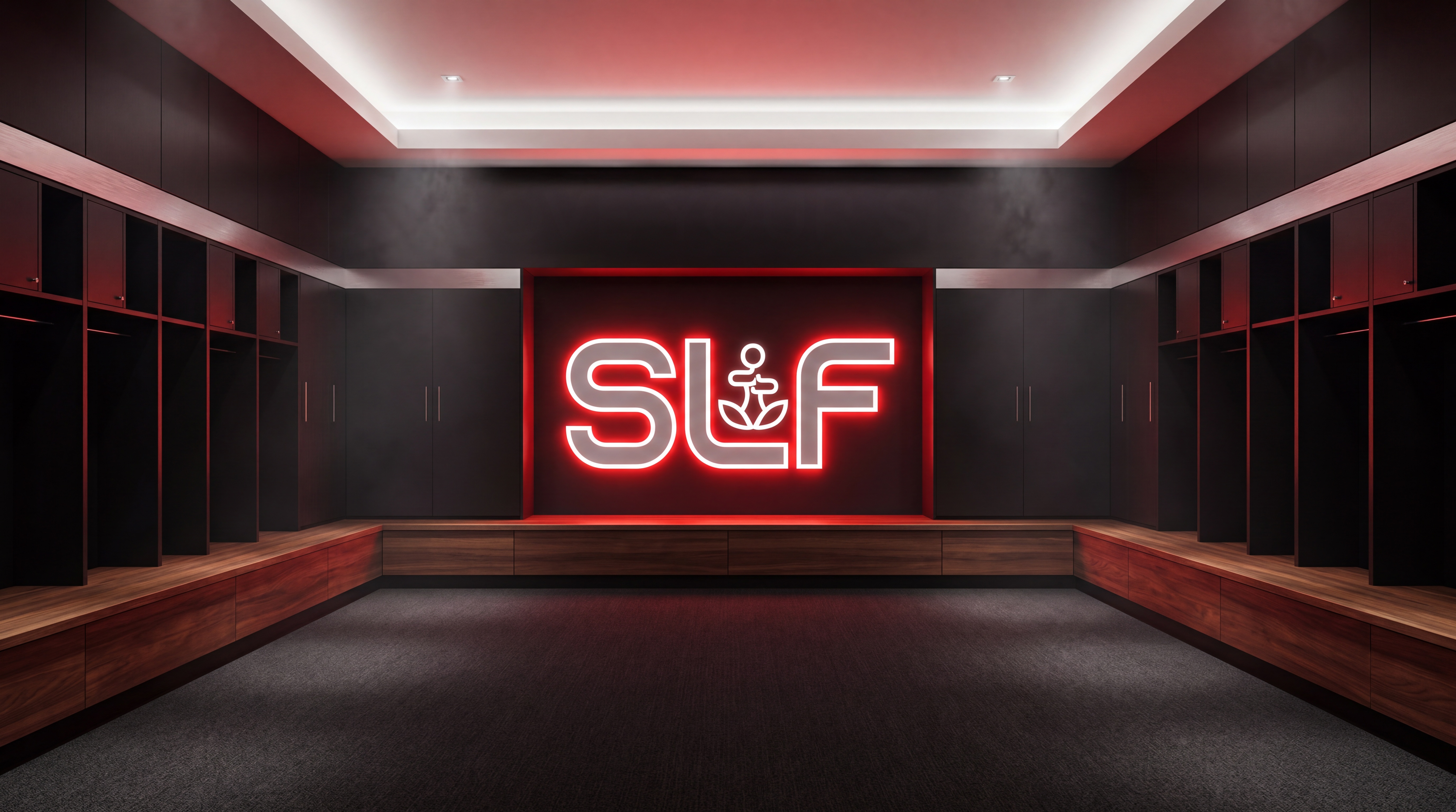 Locker room set with a red neon SLF logo